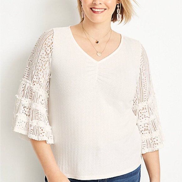 Maurices Tops - Maurices Ribbed Pointelle V-Neck 3/4 Lace Bell Sleeve Top
